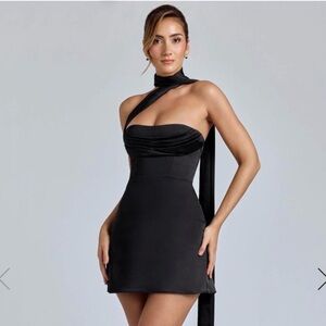 Oh Polly Anastasia Draped Halterneck Satin Mini Dress in Black